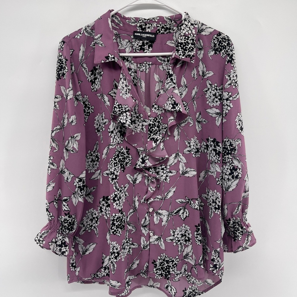 KARL‎ LAGERFELD PARIS Purple Floral Ruffle Front Button Down Blouse, SZ XL - Picture 3 of 11
